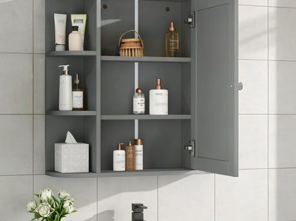 Bathroom Wall Storage Cabinet With Mirror And Adjustable Shelf, 6 Open Shelves