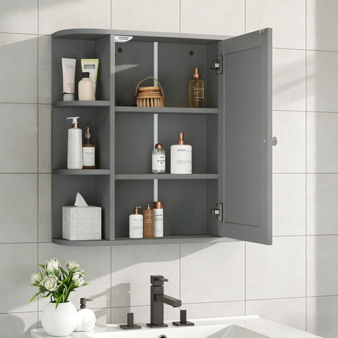 Bathroom Wall Storage Cabinet With Mirror And Adjustable Shelf, 6 Open Shelves