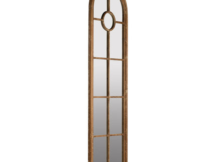 Half Round Elongated Mirror With Decorative Window Look Classic Architecture Style Solid Fir Wood Interior Decor - Brown
