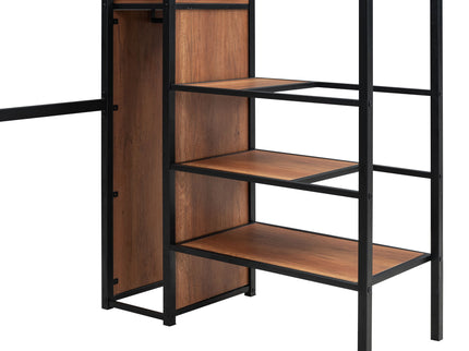 Loft Bed With Desk And Grid, Stylish Frame With Lateral Storage Ladder And Wardrobe
