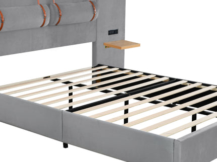 Upholstered Platform Bed, 2 Outlets And USB Charging Ports On Both Sides, 2 Bedside Pillows, Storage Shelves