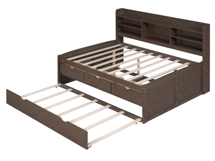 Captain Bed With Built In Bookshelves, 3 Storage Drawers, And Trundle