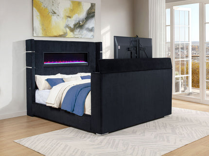 Judah - Eastern King Wingback TV Bed With Motorized Lift And Flame Visualizer - Black