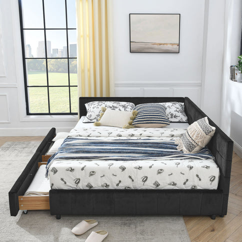 Mid-Century Storage Upholstered Tufted Bed Frame With Backrest And Armrests