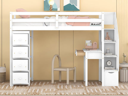 Loft Bed With Storage Drawers, Desk And Stairs With Shelves
