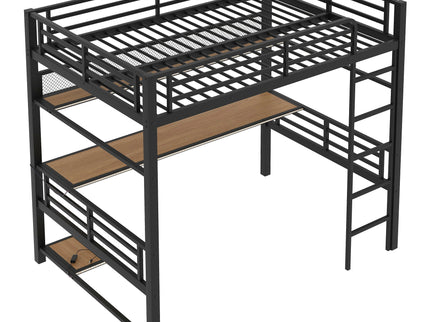 Full Size Loft Bed Frame With Storage Shelf And LED Light - Black