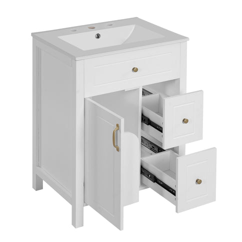 Elegant Bathroom Vanity With Ceramic Sink, Soft Close Doors And Drawers, Double Storage Racks