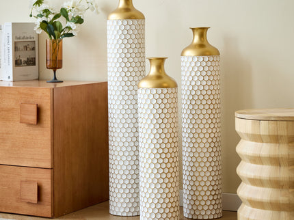 3 Piece Set Gorgeous Home Decoration Large Glazed Floor Vase Decoration Home Droplet Shaped - Gold / White