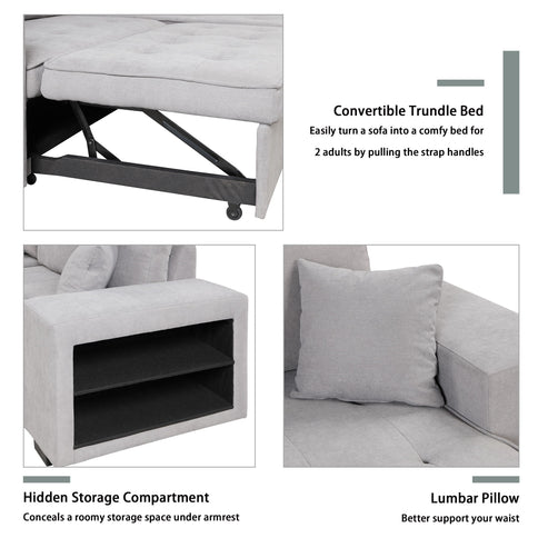 Modern L-Shape 3 Seat Reversible Sectional Couch, Pull Out Sleeper Sofa With Storage Chaise And 2 Stools For Living Room Furniture Set