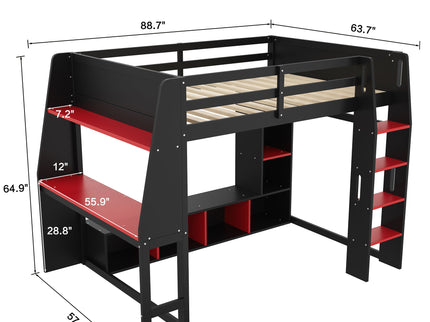 Gaming Loft Bed With Desk, Multi Storage Shelves, LED Lighting, And Hanging Clothes Rack