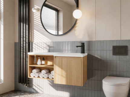 L-Shaped Wall Mounte Floating Bathroom Vanity With Integrated Sink