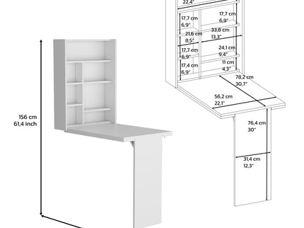 Wall Foldable Table With Multiple Shelves - White