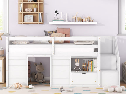 Low Loft Bed With Stair, Drawer, And Shelf