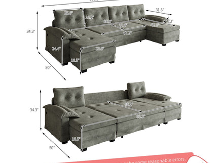U-Shaped Sleeper Sofa With Pull Out Bed, Removable Armrests & USB Ports For Living Room