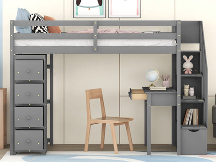 Loft Bed With Storage Drawers, Desk And Stairs With Shelves