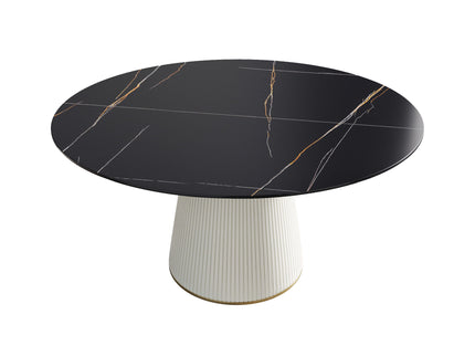 Modern Artificial Stone Round Plywood Base Dining Table, Can Accommodate 8 People, (Not Including Chairs) - Black / Beige
