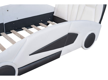 Race Car Shaped Twin Platform Bed With Wheels, Pine Wood Construction