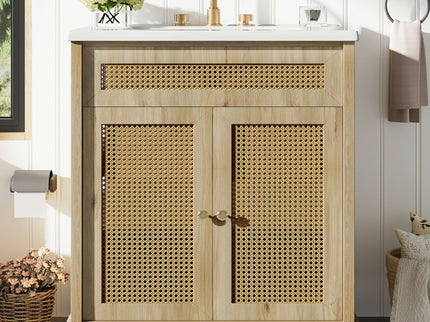 Bathroom Vanity With Handwoven Rattan Doors, Resin Basin - Natural Wood