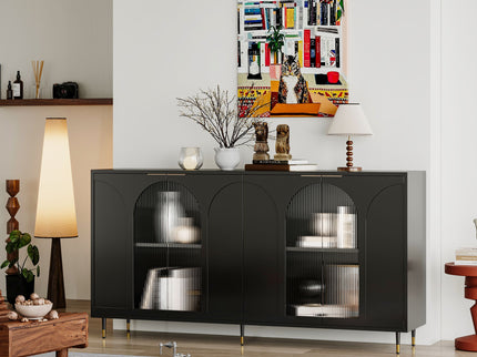 Accent Cabinet Lacquered Wooden Cabinet With 4 Glass Doors Sideboard Buffet Server Cabinet Storage Cabinet, For Living Room, Entryway, Hallway, Office, Kitchen And Dining Room