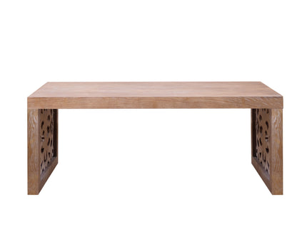 Rustic Carved Wood Coffee Table, Handcrafted Look With Ornate Side Panels