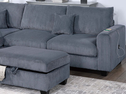 Modern Style Sectional Set With USB Port, Storage Ottoman