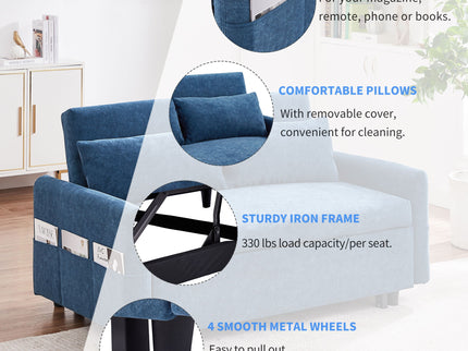 Pull Out Sleep Sofa Bed Loveseats Sofa Couch With Adjsutable Backrest, Storage Pockets, 2 Soft Pillows, USB Ports For Living Room, Bedroom, Apartment, Office