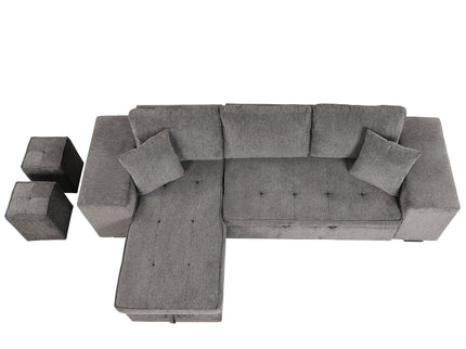 Modern L-Shape 3 Seat Reversible Sectional Couch, Pull Out Sleeper Sofa With Storage Chaise And 2 Stools For Living Room Furniture Set