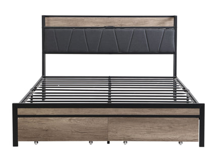 Modern Bed Frame With LED Lights, Upholstered Headboard, USB Charging
