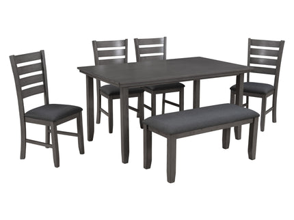Dining Set For 6, Upholstered Chairs, Includes Table, 4 Chairs, And 2 Person Bench - Gray