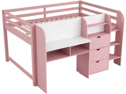 Low Loft Bed With Built In Desk, Storage Cabinets, Open Bookcase And Doodle board