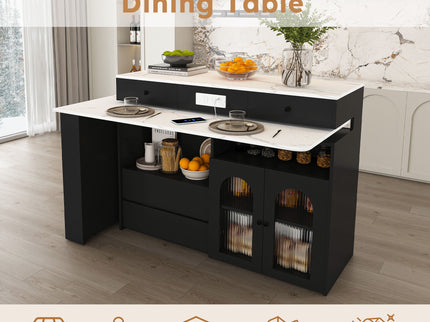 Kitchen Island With Extendable Rotating Table, 4 Drawers & Glass Door Cabinets, Built In Socket - Black
