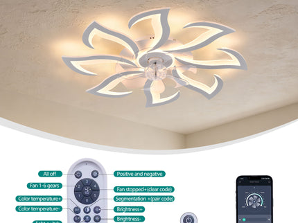 Flower Ceiling Fan With Remote Controlled LED Light, Flush Mount DC Motor Fan