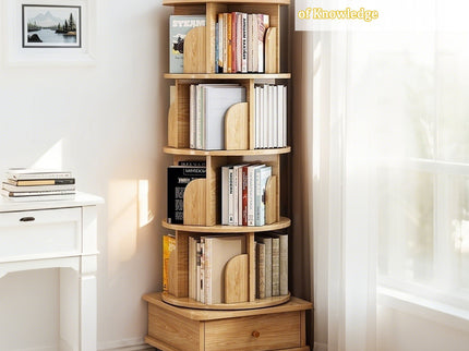 Rotating Bookshelf With Wheels And Drawer, 360° Spinning Design, Space Saving Storage