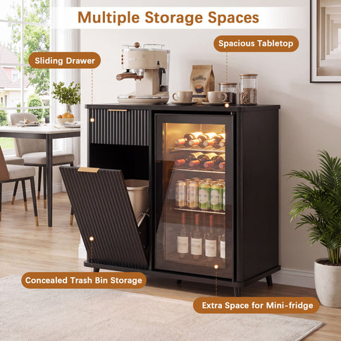 Fluted Coffee Bar Cabinet With Mini Fridge Space & Charging Station