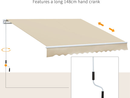Outsunny - 12' x 8' Retractable Awning Patio Awnings Sun Shade Shelter With Manual Crank Handle, 280G / M² Uv & Water-Resistant Fabric And Aluminum Frame For Deck, Balcony, Yard - Cream White