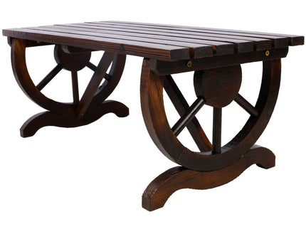Rustic Wooden Bench With Wagon Wheel Legs For Garden And Patio - Brown