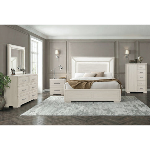 Ciara - King 5 Piece Bedroom Set With LED Lighting, Clean Lines And Upholstered Mirror - Beige