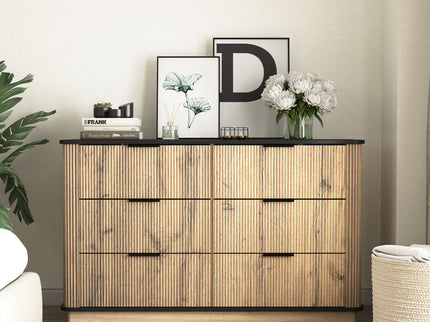 Modern 6 Drawer Cabinet With Metal Rounded Corners And Exquisite Handles Multi Functional Storage - Natural Wood