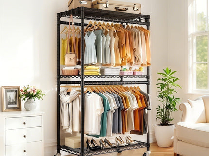 Heavy Duty Rolling Clothes Rack With 3 Tier Shelves, 2 Rails & Side Hooks, Adjustable Freestanding Organizer Metal - Black