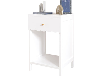 Nightstand With Drawer And Open Shelf, Scalloped Edge Bedside Table