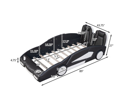 Race Car Shaped Twin Platform Bed With Wheels, Pine Wood Construction