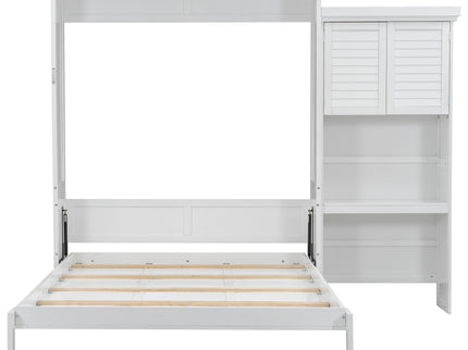 Queen Size Murphy Bed With Louvered Design And Multiple Storage Shelves - White