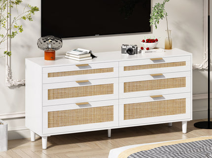 Rattan Dresser With 6 Drawers, Wooden Legs & Metal Handle
