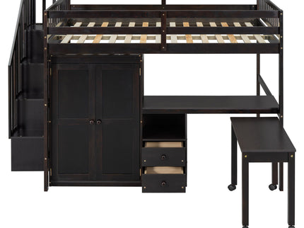Loft Bed With Stairs, Bookshelf, Drawers, Desk & Wardrobe, Space Saving Multifunctional Furniture