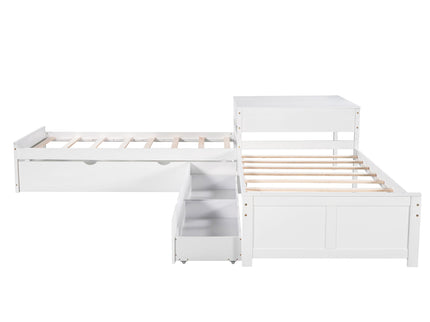 L Shaped Platform Bed With Trundle And Drawers Linked With Built In Desk