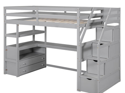 Loft Bed With Desk, Shelves, 2 Drawers, Storage Staircase