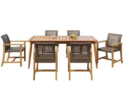 7 Piece Patio Dining Set, Slatted Table & 6 Chairs For Patio Garden - Mocha / Teak