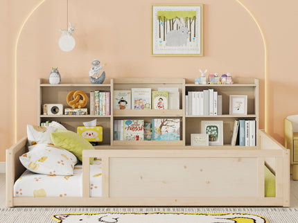 Platform Floor Bed With Guardrail Fence And Side Storage Shelves