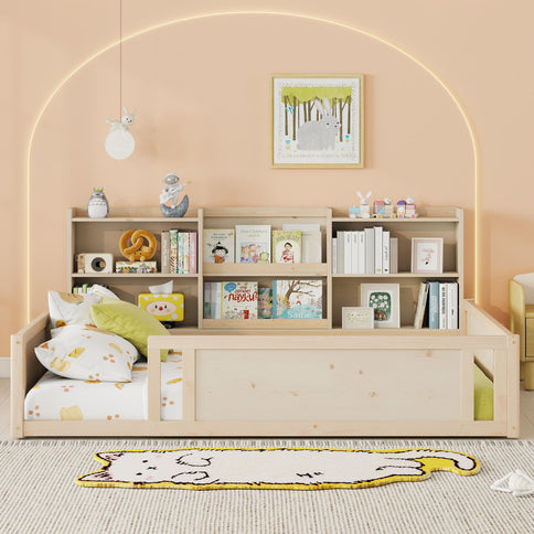Platform Floor Bed With Guardrail Fence And Side Storage Shelves