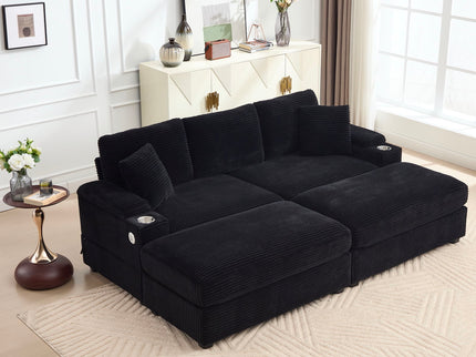 Convertible Sectional Sofa Bed Set With Armrest Storage, Cup Holder, USB - Black